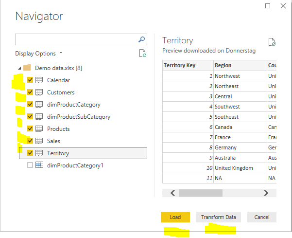 importing tables into power bi data model