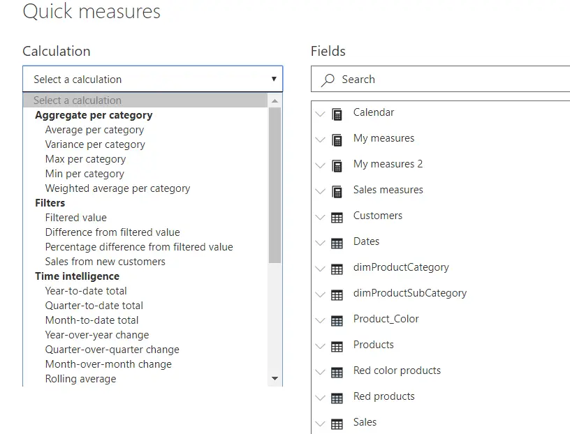 Quick measures calculation in power bi