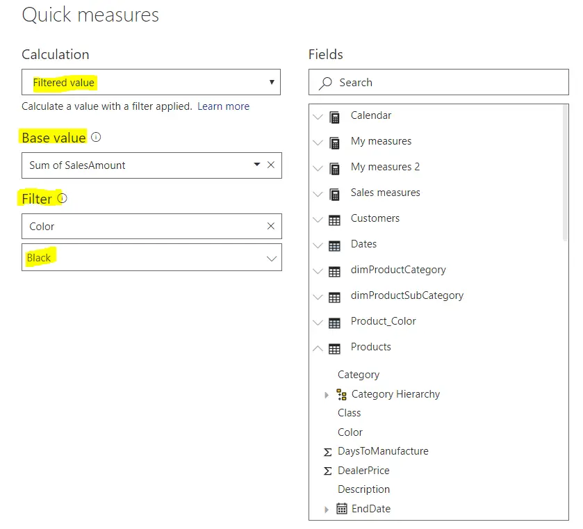 Filtered sales calculation using quick power bi measure
