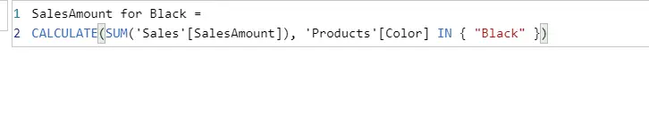 Final power bi measure for the calculation of sales of black color products.