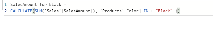 Final power bi measure for the calculation of sales of black color products.