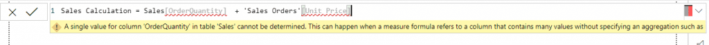 error message while creating power bi measure