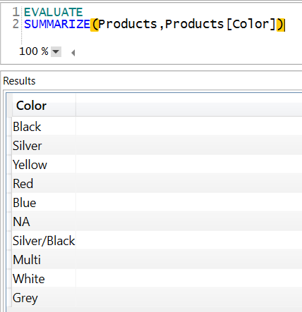 get distinct values using DAX summarize 