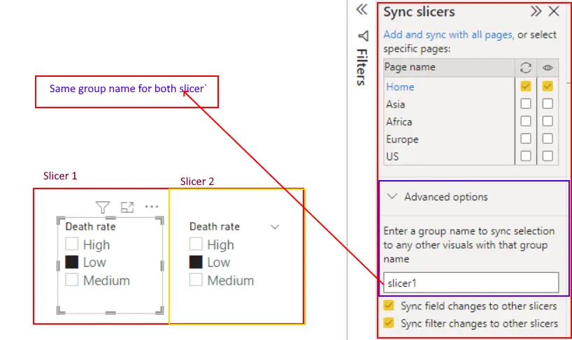 Power BI sync slicers Advanced options.