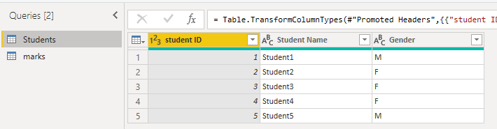 Student table in Power Query