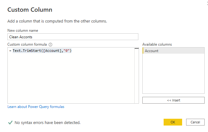 Text.TrimStart Power Query to remove leading zeros